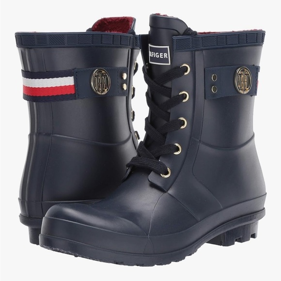 Tommy Hilfiger Women's Trineti Boots Navy Lace-Up Red and White Stripes - Picture 2 of 8